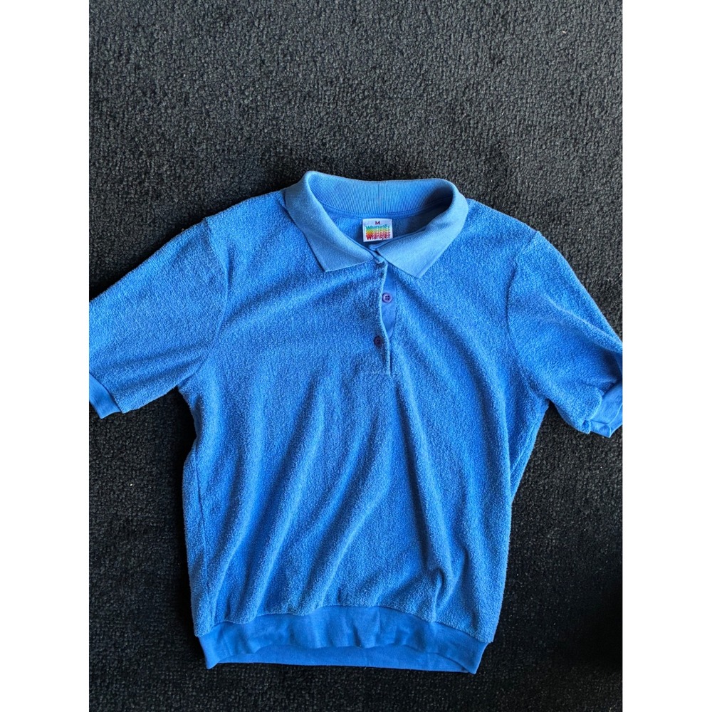 Vintage Wrangler Terry Cloth Polo Shirt Blue Made in USA Short Sleeve Medium